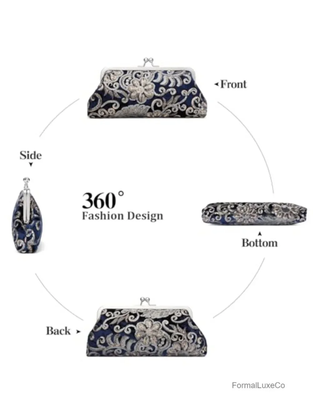 Floral Embroidered Sequin Evening Kiss Lock Clutch Purse with Detachable Chain